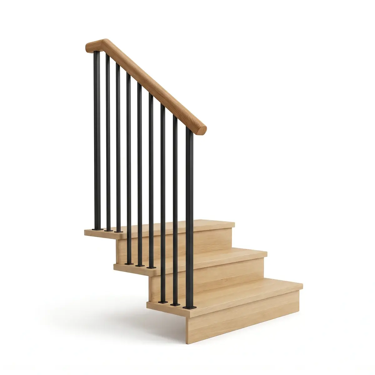 Balustradă cu bare metalice negre și mână curentă rotundă din lemn, scară interioară, Timișoara