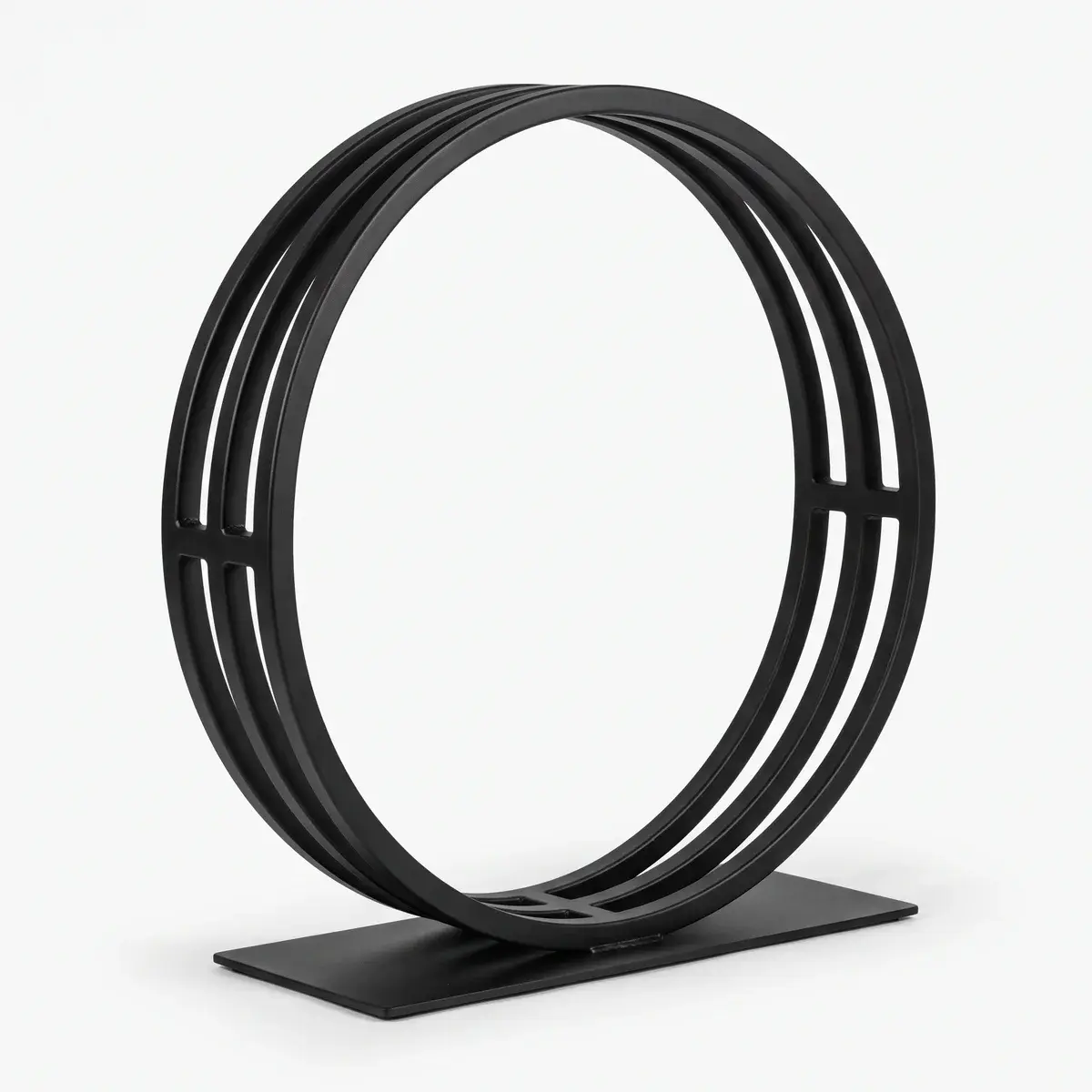 Bază sculpturală de masă în formă de inel metalic vertical, negru mat