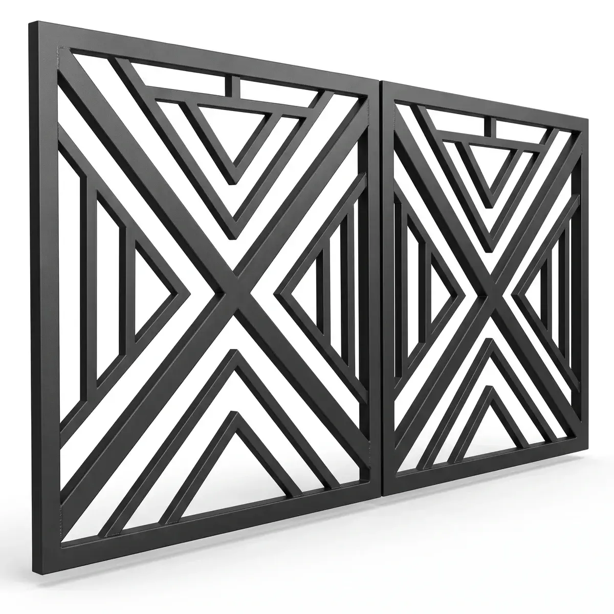 Poartă modernă cu model geometric în X din profil metalic, oglindit pe două canate, Timișoara